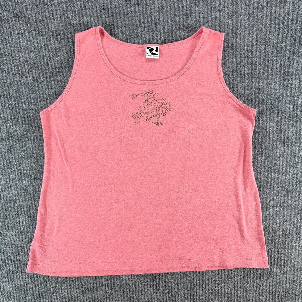 Rockies Vintage Pink Cotton Tank Top Rhinestone Bronco‎ Graphic Womens XL